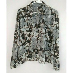 Apt 9 Petite Gray, Brown, & Black Floral Button Up Sheer Silky Blouse Size PL